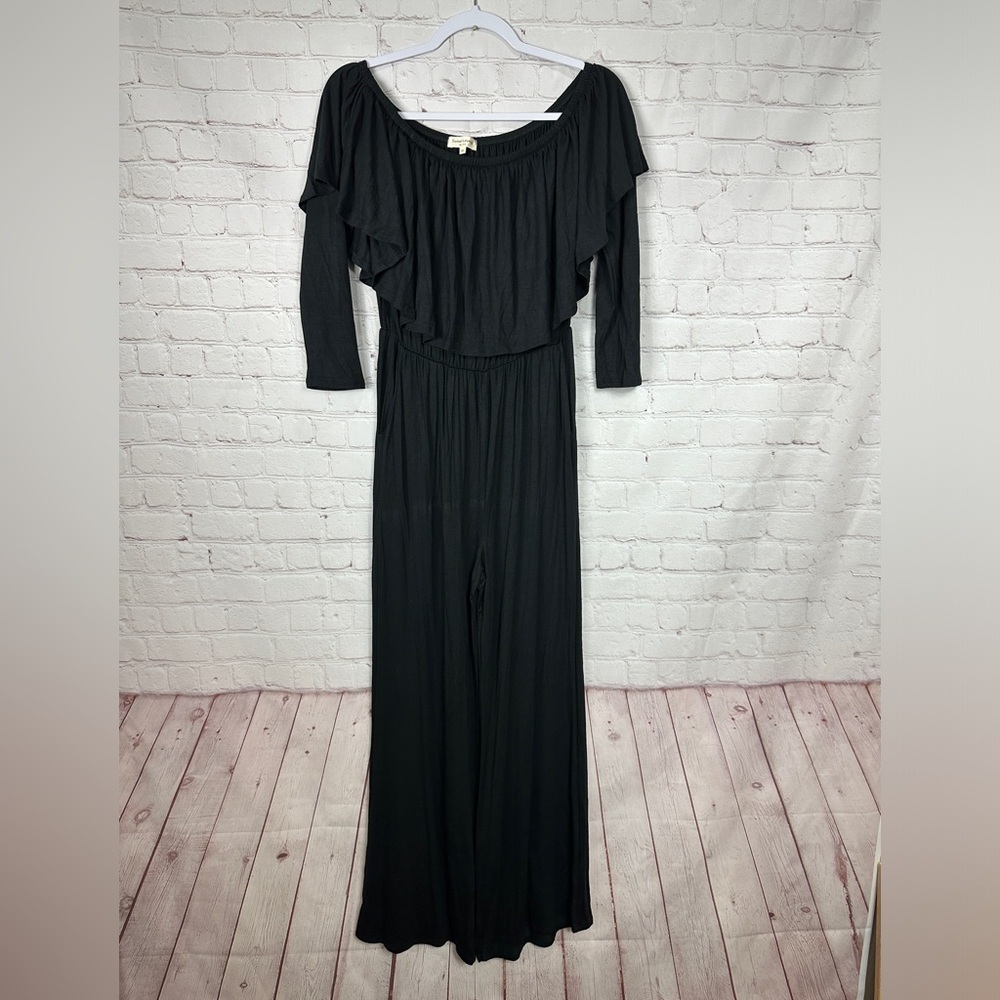 Sweet Lovely by Jen black off shoulder wide leg pant jumpsuit romper, sz‎ M, GUC